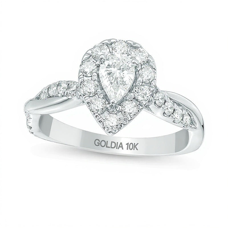 0.88 ct. Gesamtgewicht Verlobungsring mit tropfenförmigem Diamant und Halo mit gedrehter Ringschiene in 10K Weißgold