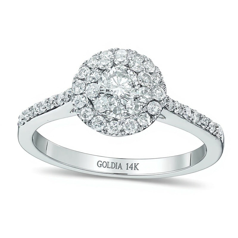 Verlobungsring mit Diamant-Doppelhalo 0.75 CT. Gesamtgewicht in 14K Weißgold