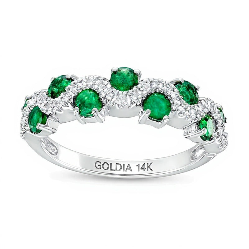 3.0mm Smaragd und 0,17 ct. Gesamtgewicht Diamant Ring im gestaffelten Wellendesign in 14K Weißgold