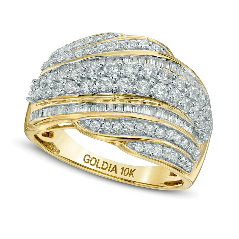 Ring mit Diamanten im runden Schliff und Baguette-Schliff, gewellt und mehrlagig, 1.0 ct. Gesamtgewicht, in 10K Gelbgold