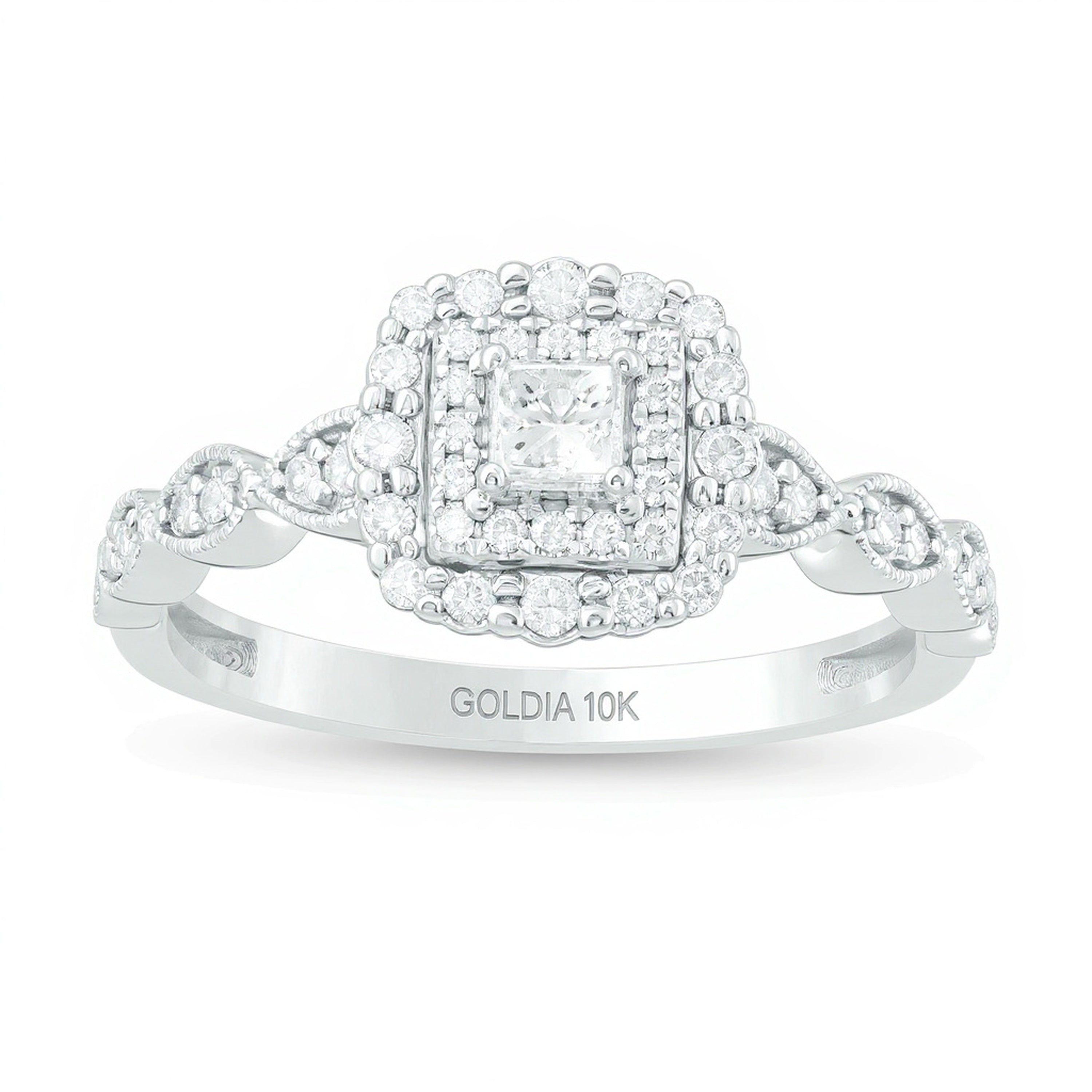 0.38 ct. Gesamtgewicht Verlobungsring mit Diamanten im Princess- und Rundschliff, Halo, im Art-déco-Vintage-Stil, in 10K Weißgold