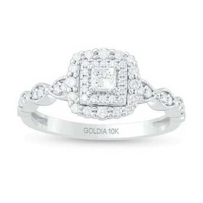 0.38 ct. Gesamtgewicht Verlobungsring mit Diamanten im Princess- und Rundschliff, Halo, im Art-déco-Vintage-Stil, in 10K Weißgold
