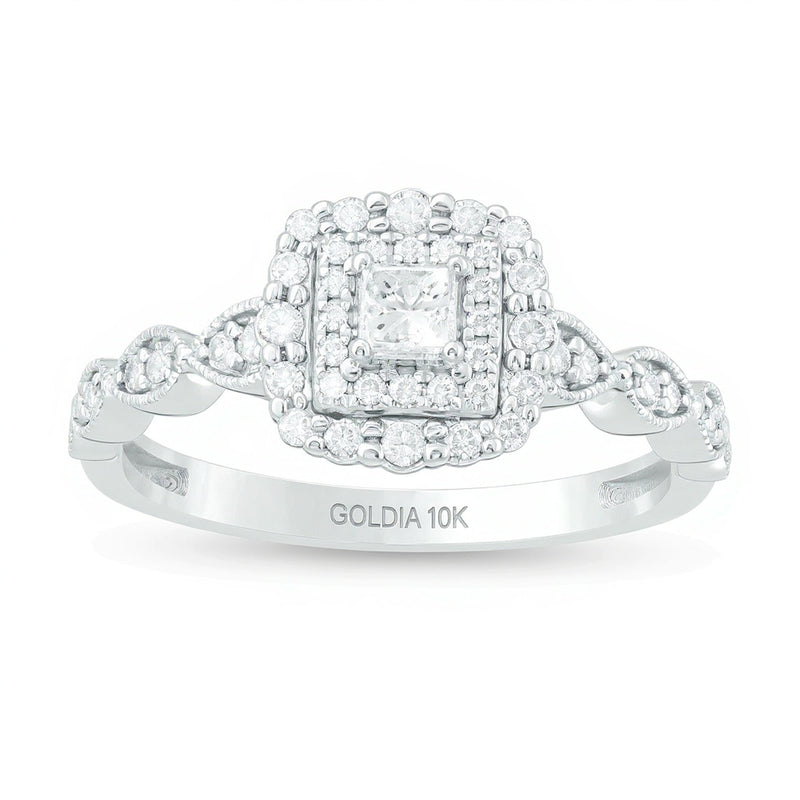 0.38 ct. Gesamtgewicht Verlobungsring mit Diamanten im Princess- und Rundschliff, Halo, im Art-déco-Vintage-Stil, in 10K Weißgold