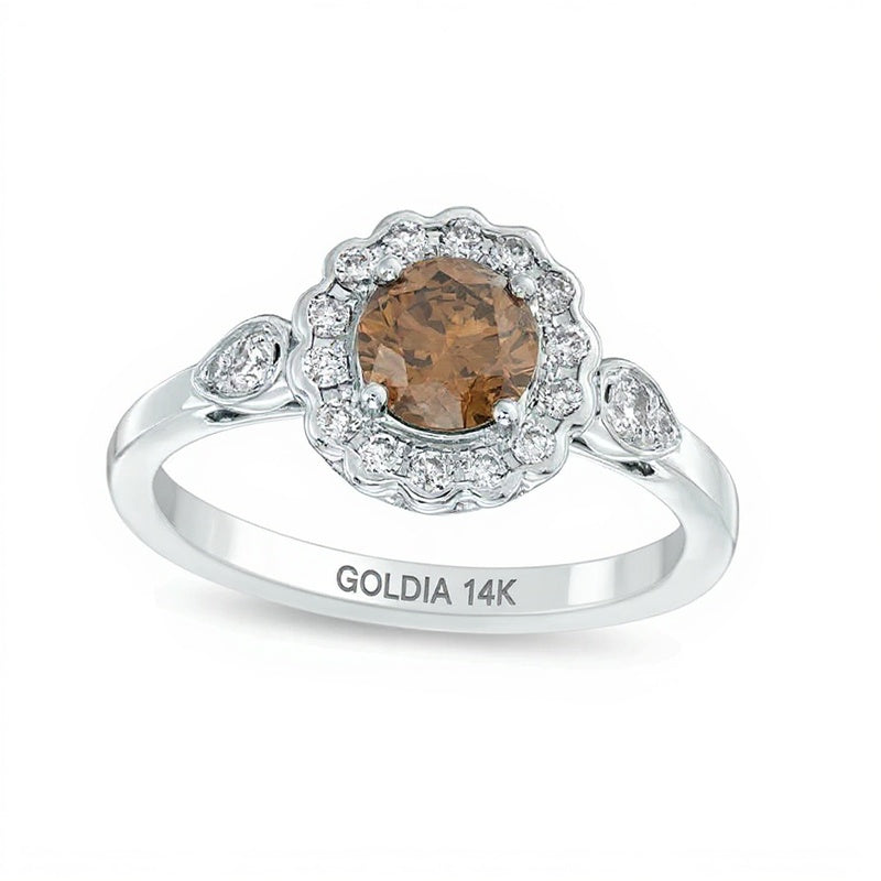 1,2 ct. Gesamtgewicht Verlobungsring mit Halo aus Champagner- und weißen Diamanten in 14K Weißgold