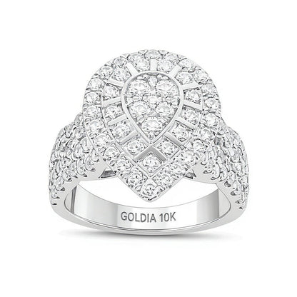 2.0 ct. Gesamtgewicht Komposit-Diamant Verlobungsring mit tropfenförmigem Rahmen und mehrreihiger Ringschiene in 10K Weißgold