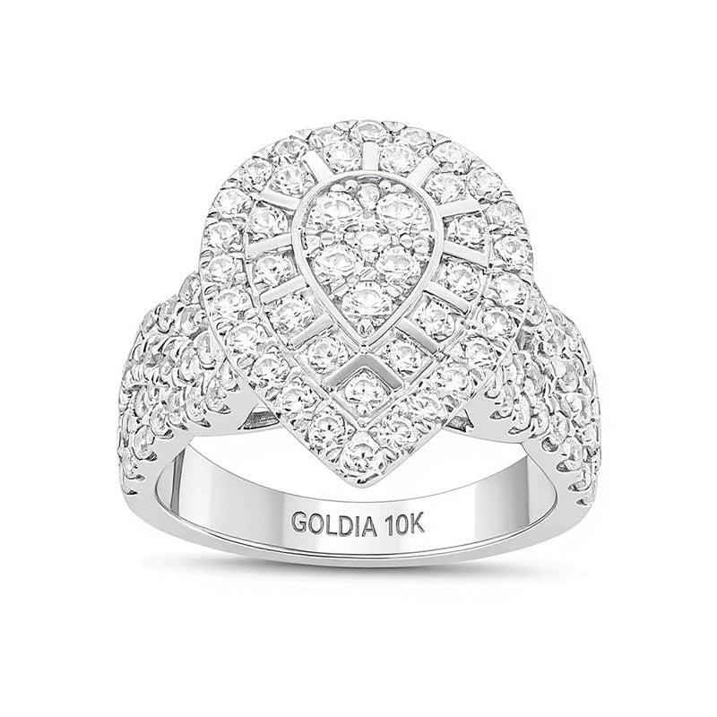 2.0 ct. Gesamtgewicht Komposit-Diamant Verlobungsring mit tropfenförmigem Rahmen und mehrreihiger Ringschiene in 10K Weißgold