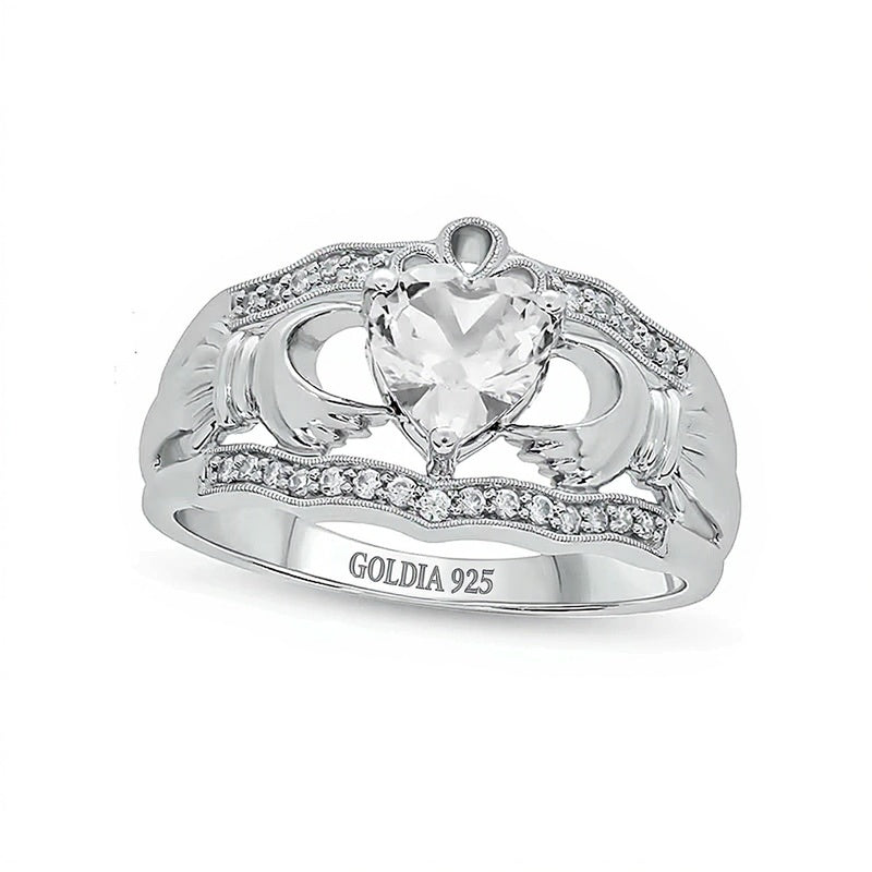 Claddagh-Ring im Vintage-Stil mit herzförmigem weißem Labor-Saphir 6.0mm und Diamanten 0.1 ct. Gesamtgewicht in rhodiniertem Sterlingsilber für Damen