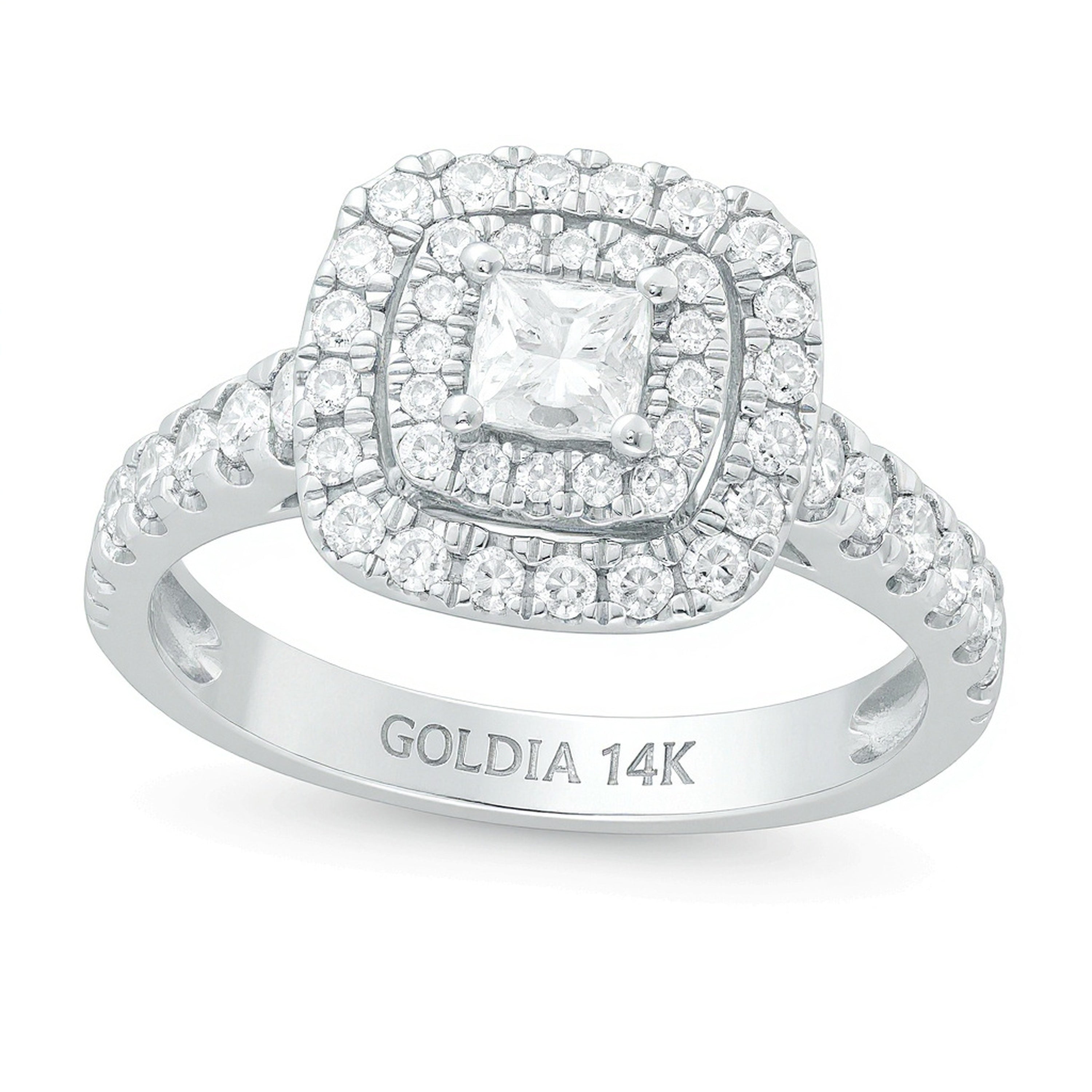 Verlobungsring mit Diamanten im Princess- und Rundschliff 1.0 ct. Gesamtgewicht in 14K Weißgold, Halo