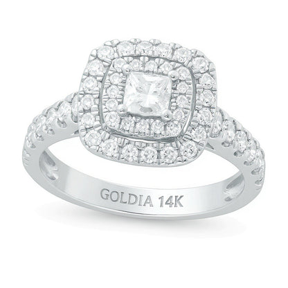 Verlobungsring mit Diamanten im Princess- und Rundschliff 1.0 ct. Gesamtgewicht in 14K Weißgold, Halo