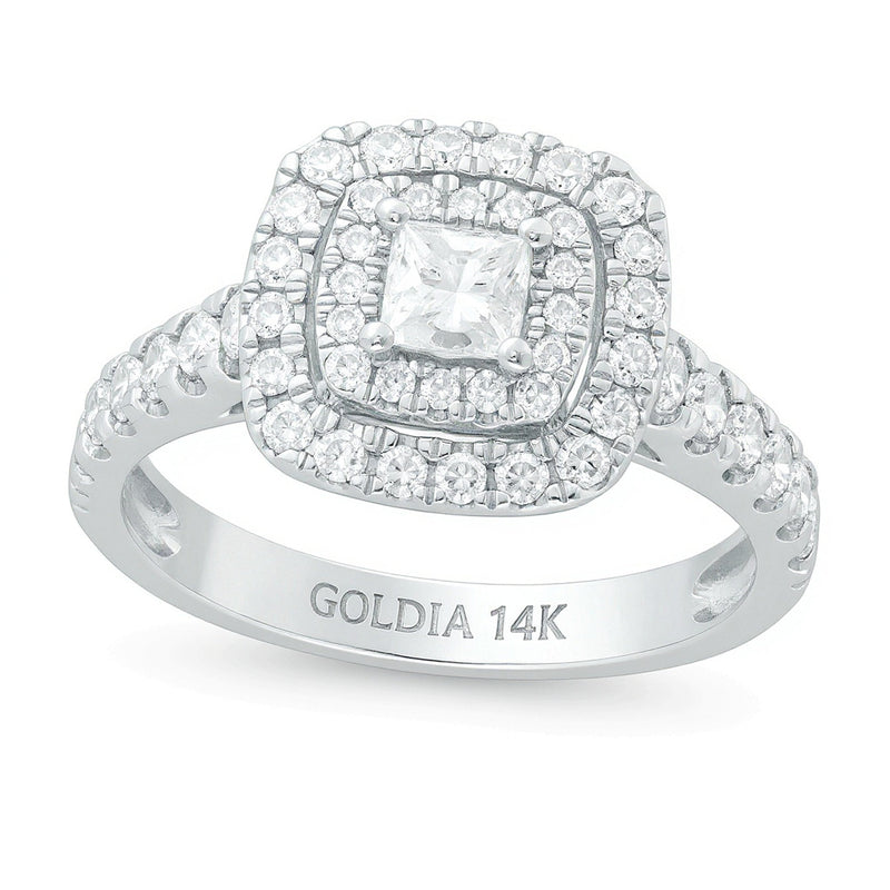Verlobungsring mit Diamanten im Princess- und Rundschliff 1.0 ct. Gesamtgewicht in 14K Weißgold, Halo