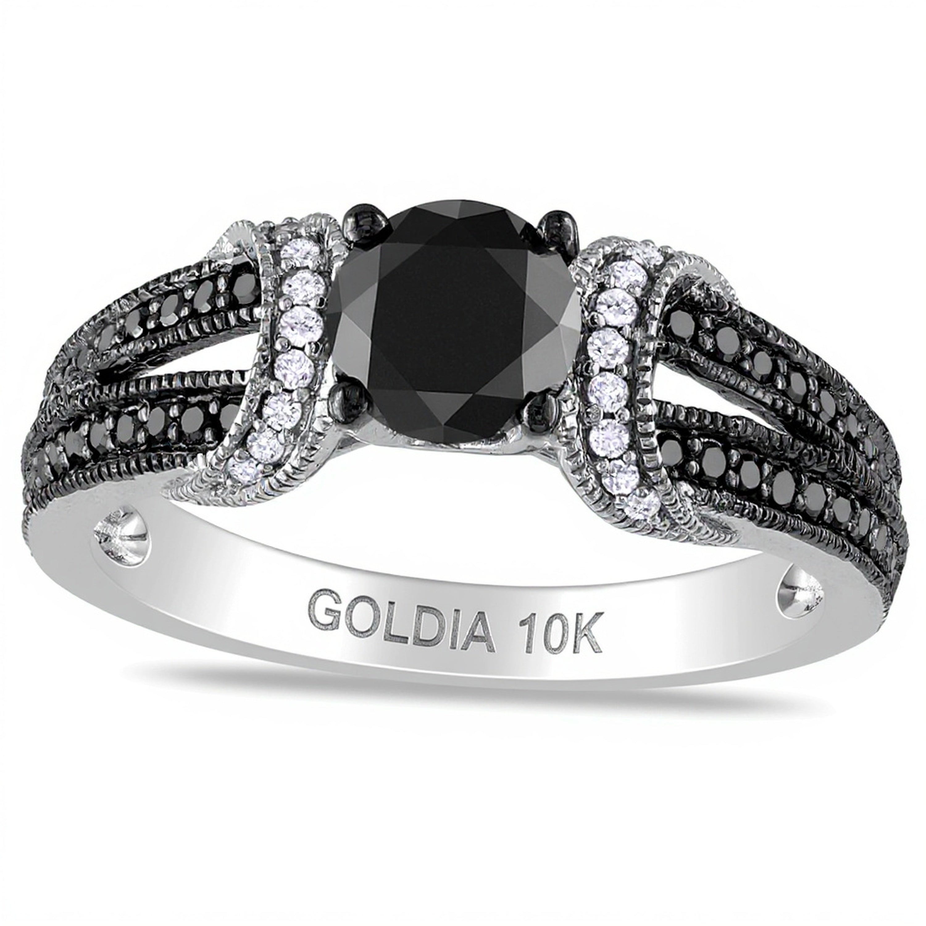 Solitär mit seitlichem Besatz 1.0 ct. Gesamtgewicht mit schwarzem und weißem Diamant in 10K Weißgold
