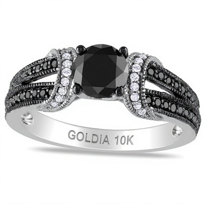 Solitär mit seitlichem Besatz 1.0 ct. Gesamtgewicht mit schwarzem und weißem Diamant in 10K Weißgold