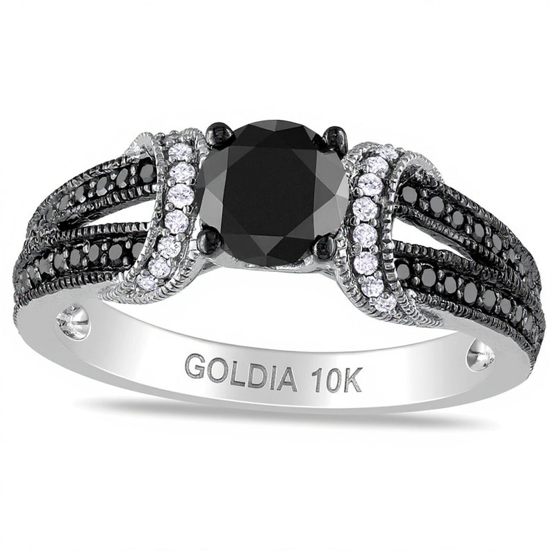 Solitär mit seitlichem Besatz 1.0 ct. Gesamtgewicht mit schwarzem und weißem Diamant in 10K Weißgold