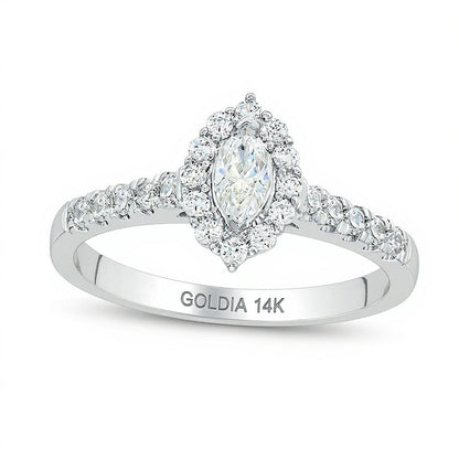 0,63 ct. Gesamtgewicht Verlobungsring mit Diamanten im Marquise- und Rundschliff und Halo in 14K Weißgold