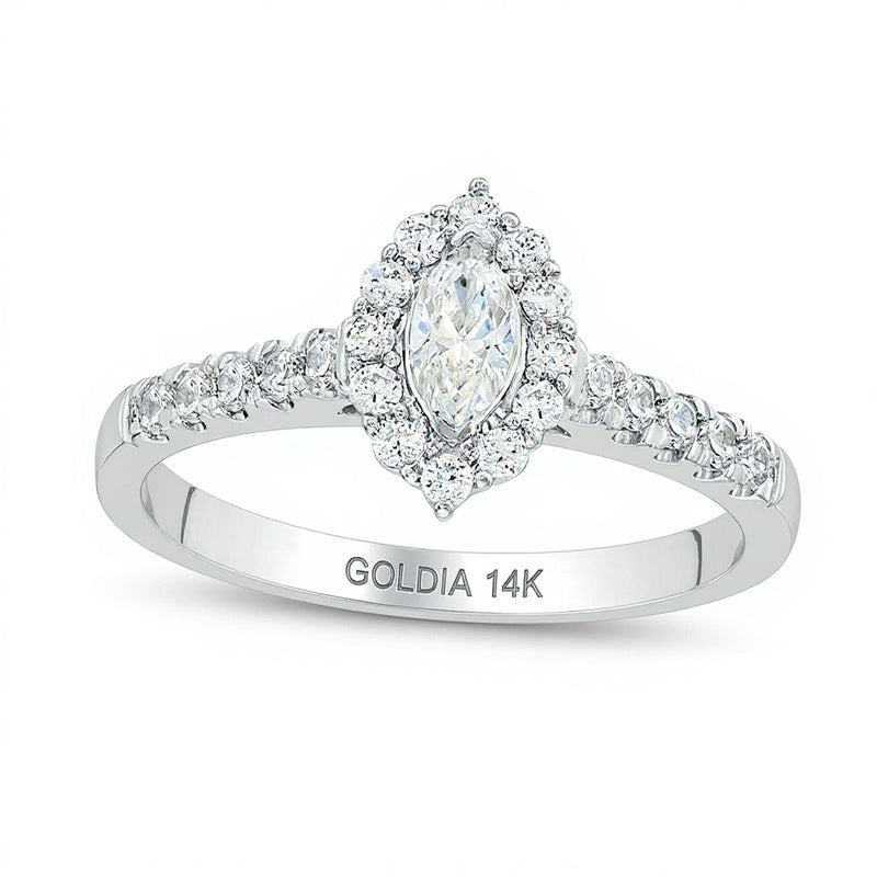 0,63 ct. Gesamtgewicht Verlobungsring mit Diamanten im Marquise- und Rundschliff und Halo in 14K Weißgold