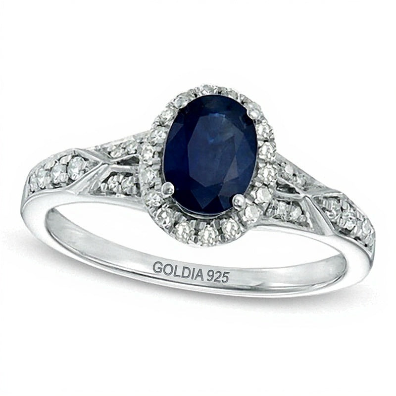 Ring mit ovalem blauem Saphir und Diamanten 0,2 ct. Gesamtgewicht in rhodiniertem Sterlingsilber