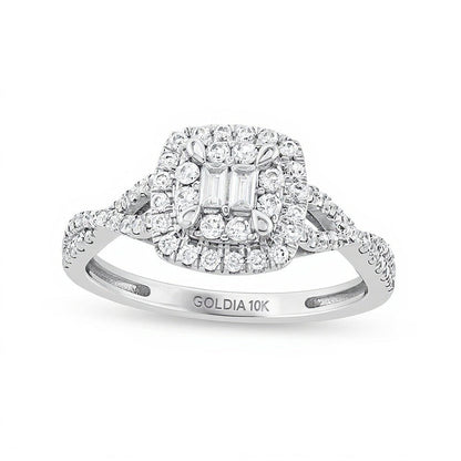 0,5 ct. Gesamtgewicht Ring mit mehreren Diamanten in Baguette-, rund- und Kissenschliff, gedreht mit geteiltem Ringkopf, aus 10K Weißgold