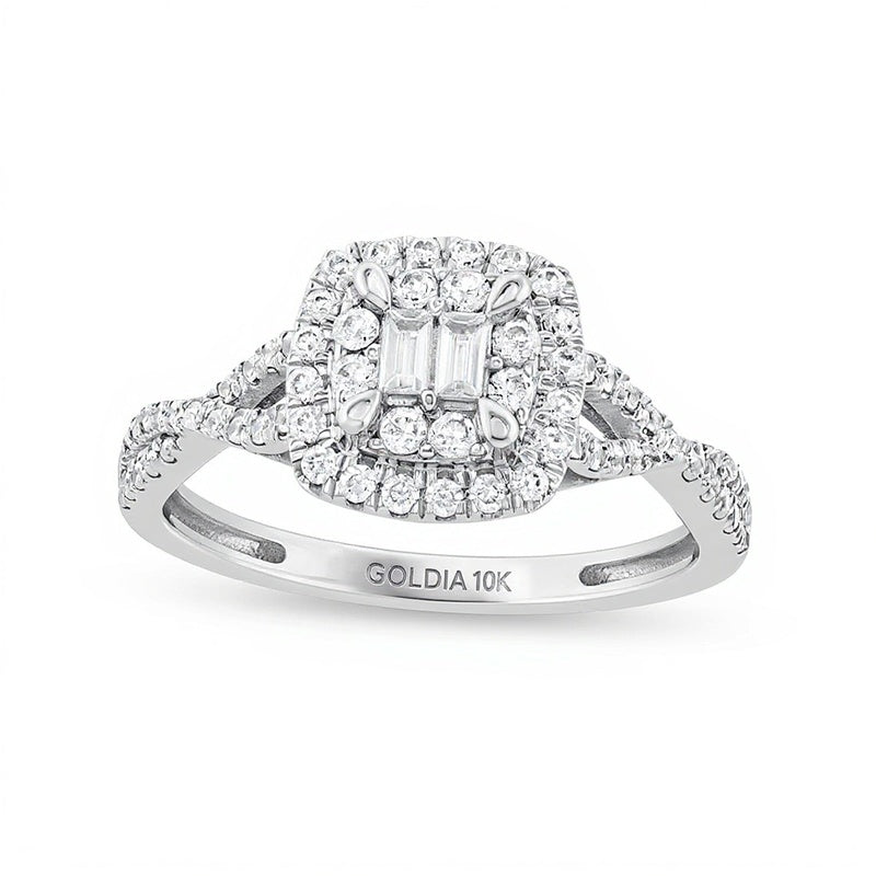 0,5 ct. Gesamtgewicht Ring mit mehreren Diamanten in Baguette-, rund- und Kissenschliff, gedreht mit geteiltem Ringkopf, aus 10K Weißgold