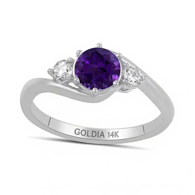 6,0mm Amethyst und Labordiamant mit 0,2 ct. Gesamtgewicht Dreistein-Bypass-Ring in 14K Weißgold