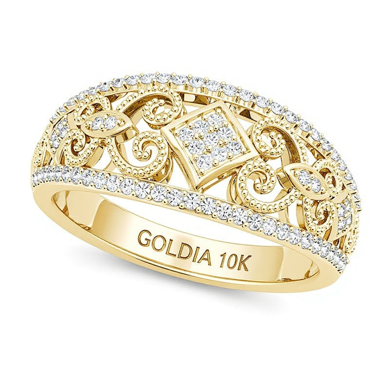 0.2 CT. Gesamtgewicht Komposit-Diamant Ring im Vintage-Stil mit gekipptem Quadrat und Filigranarbeit in 10K Gold