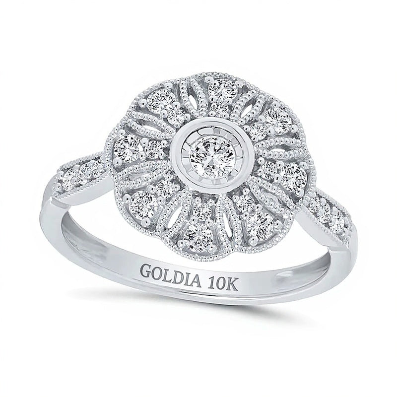 0,38 ct. Gesamtgewicht Diamant-Ring im Vintage-Stil mit Blüte in 10K Weißgold