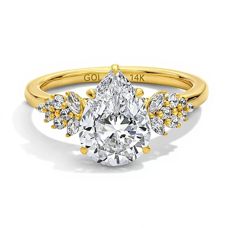 2.33 CT. TW Solitär mit seitlichem Besatz Verlobungsring mit tropfenförmigem Labordiamant in 14K Gelbgold (F/VS2)