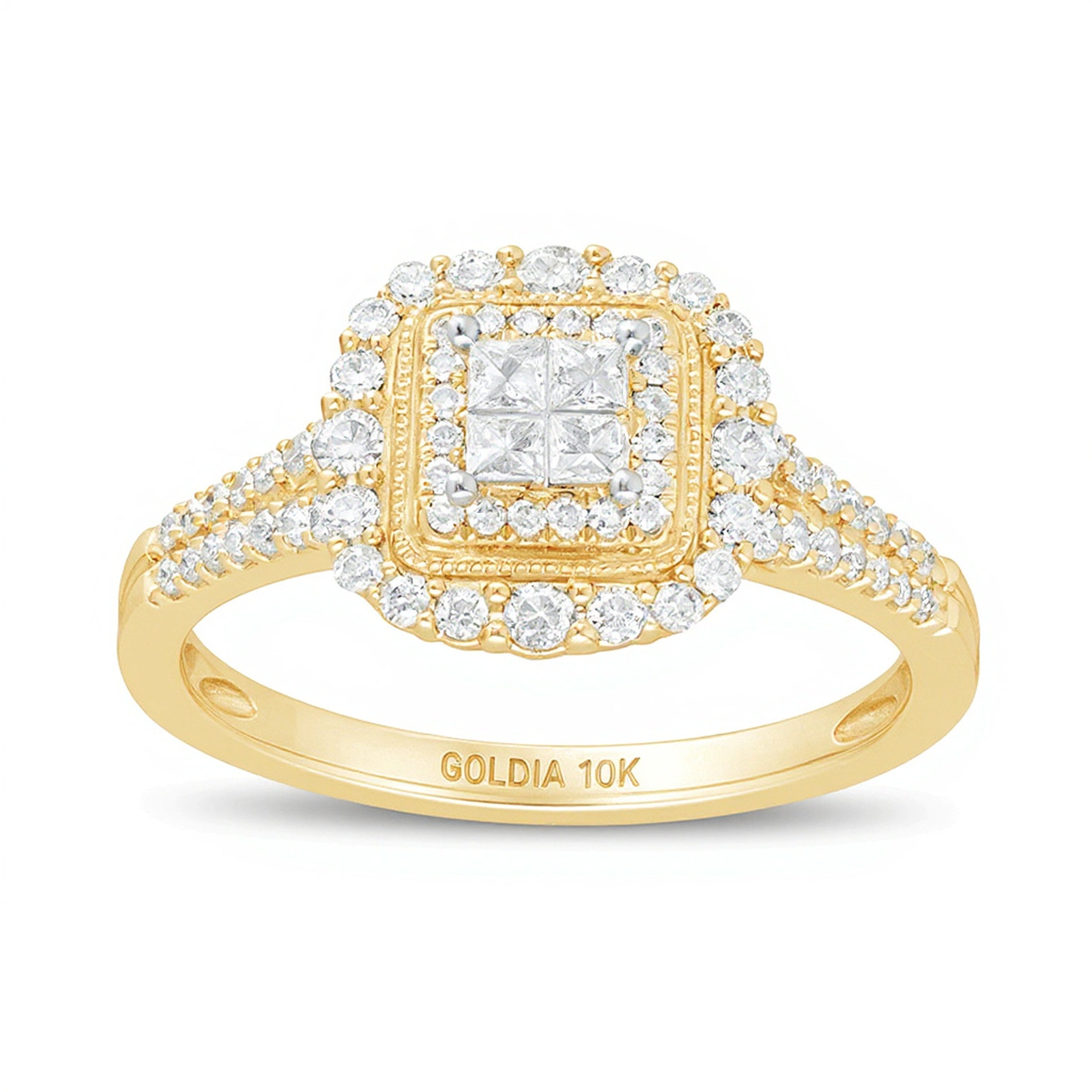 0.5 ct. Gesamtgewicht Verlobungsring im Vintage-Stil mit Diamanten im Princess-Schliff und quadratischem Halo aus 10K Gelbgold