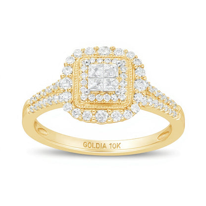 0.5 ct. Gesamtgewicht Verlobungsring im Vintage-Stil mit Diamanten im Princess-Schliff und quadratischem Halo aus 10K Gelbgold