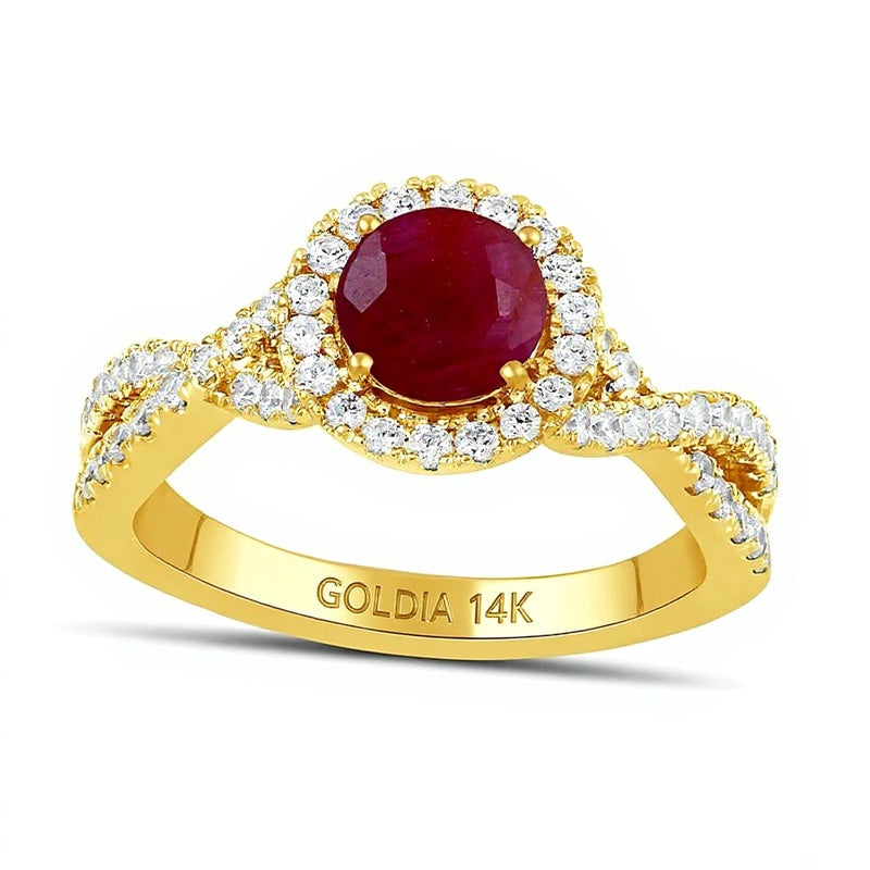 6,0mm Rubin und 0,5 ct. Gesamtgewicht Labordiamant Ring mit Halo und Crossover-Schiene in 14K Gelbgold