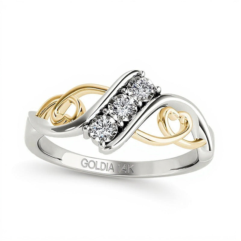 0.1 ct. Gesamtgewicht Diamant Dreistein Bypass-Ring mit Herzen in 14K Weißgold und gelbem Rhodium