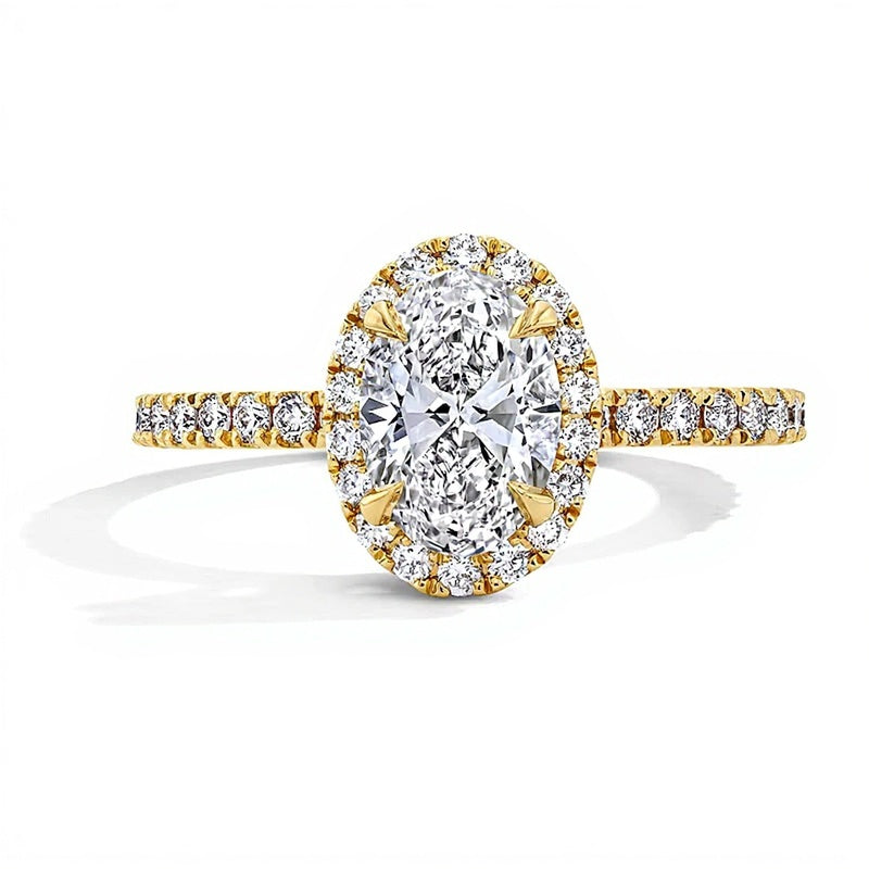 Halo-Verlobungsring mit ovalem Labordiamant 1.5 ct. Gesamtgewicht in 18K Gelbgold (D/IF)