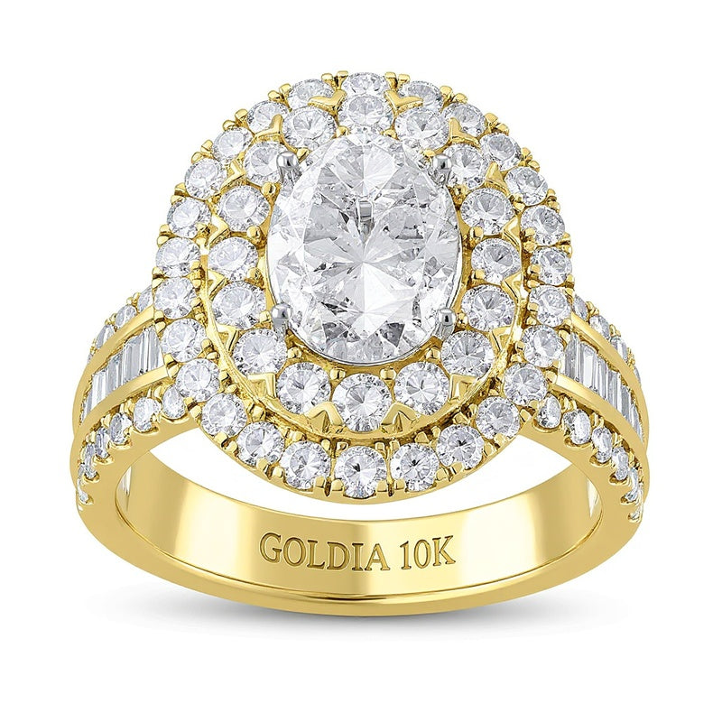 2.5 CT. Gesamtgewicht Verlobungsring mit ovalem Multi-Diamant-Besatz und doppeltem Rahmen in 10K Gelbgold