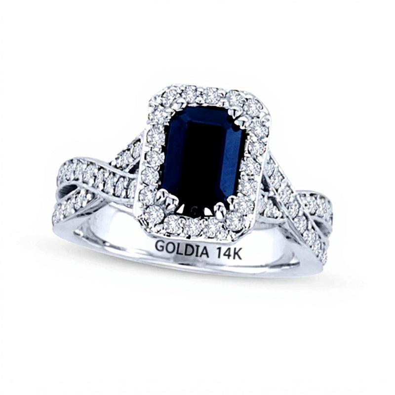 Halo-Ring mit blauem Saphir im Smaragdschliff und Diamanten 0,75 ct. Gesamtgewicht in 14K Weißgold