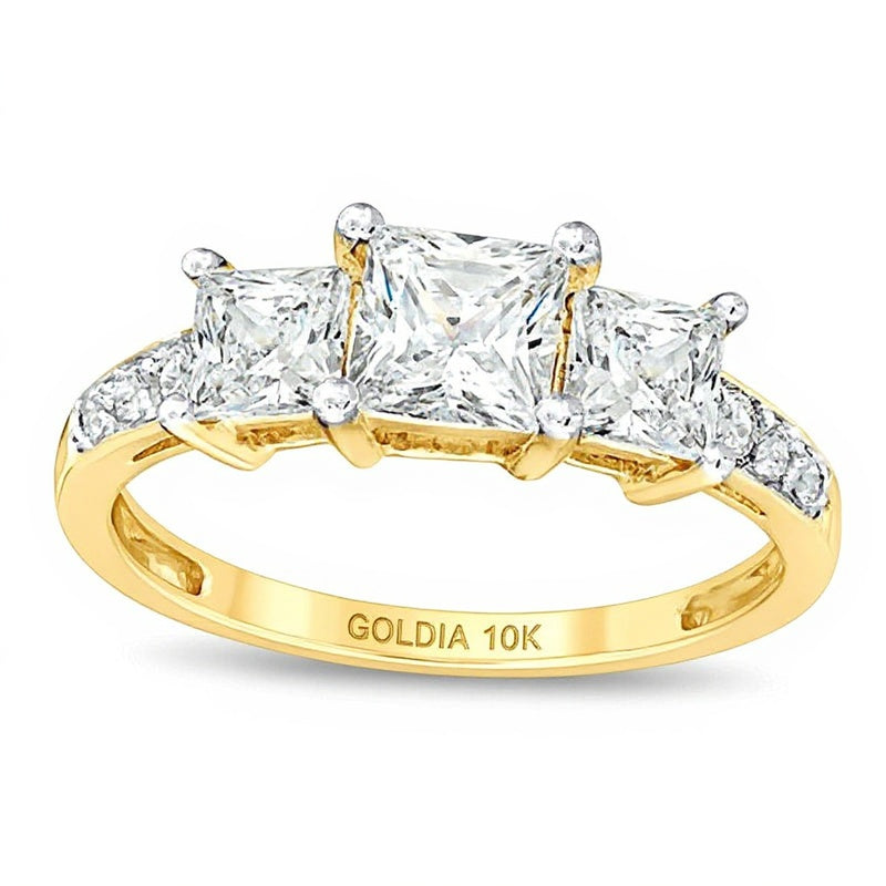 Dreistein-Ring mit weißem Saphir im Princess-Schliff, im Labor gezüchtet, in 10K Gelbgold