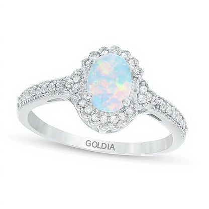 Ring mit ovalem im Labor erzeugtem Opal und 0,13 ct. Gesamtgewicht Diamant im Halo, Vintage-Stil, aus 10K Weißgold