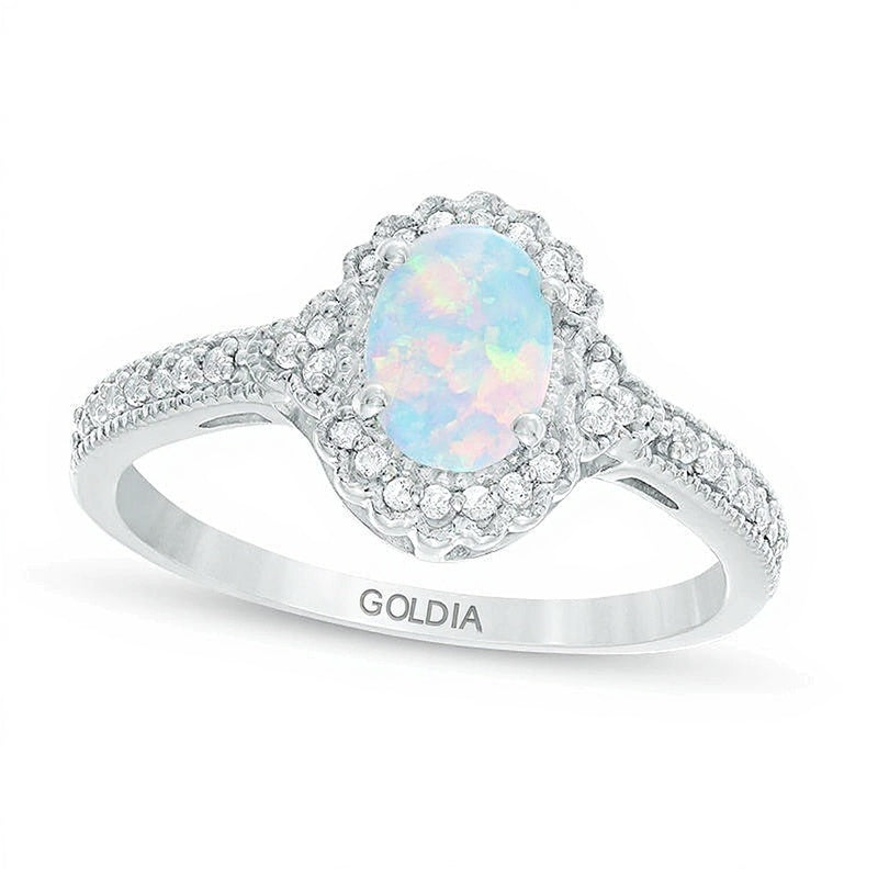 Ring mit ovalem im Labor erzeugtem Opal und 0,13 ct. Gesamtgewicht Diamant im Halo, Vintage-Stil, aus 10K Weißgold