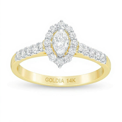 0,63 ct. Gesamtgewicht Verlobungsring mit Diamanten im Marquise- und Rundschliff, Halo, in 14K Gelbgold