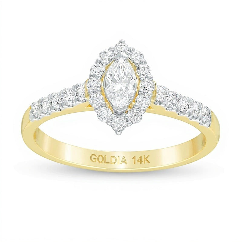 0,63 ct. Gesamtgewicht Verlobungsring mit Diamanten im Marquise- und Rundschliff, Halo, in 14K Gelbgold