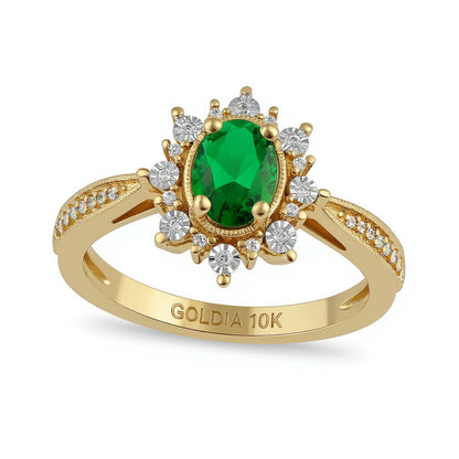Ring mit ovalem Smaragd und 0,1 ct. Gesamtgewicht Diamanten im Vintage-Stil mit Sunburst-Fassung und verjüngter Ringschiene aus 10K Gold