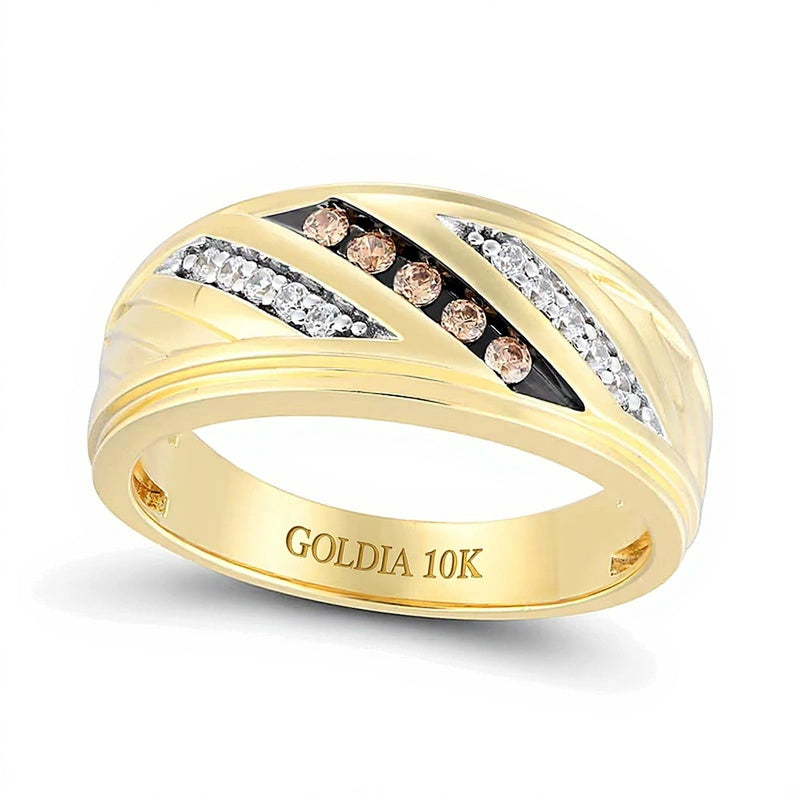 0.25 ct. Gesamtgewicht Champagner- und weißer Diamant Ring dreireihig schräg in 10K Gelbgold