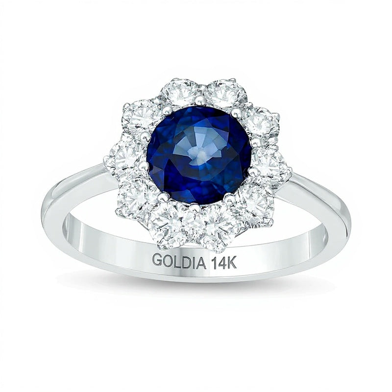 7,0mm blauer Saphir und Diamant Halo-Ring mit 1.0 ct. Gesamtgewicht in 14K Weißgold