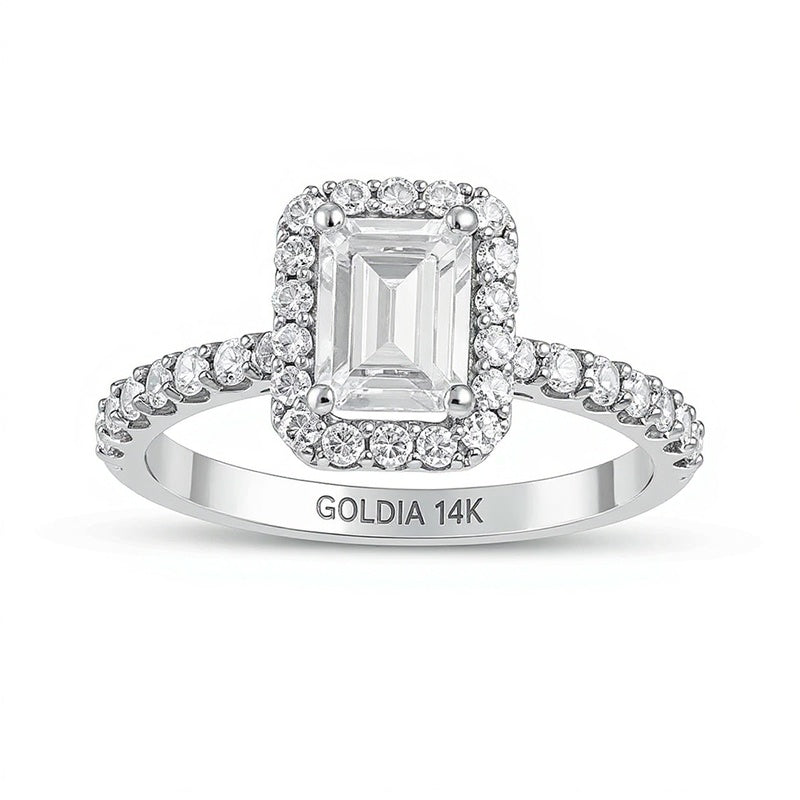 1.5 CT. Gesamtgewicht Verlobungsring mit Labordiamanten im Smaragdschliff und Halo in 14K Weißgold (F/VS2)