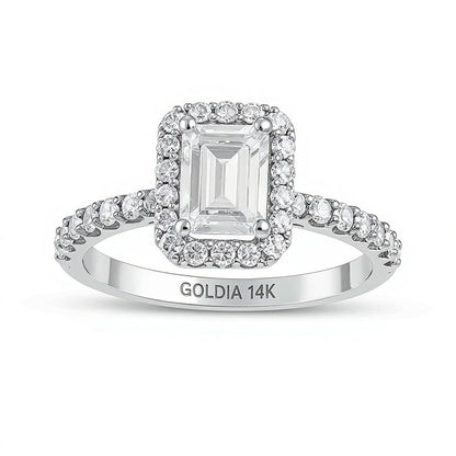 1.5 CT. Gesamtgewicht Verlobungsring mit Labordiamanten im Smaragdschliff und Halo in 14K Weißgold (F/VS2)