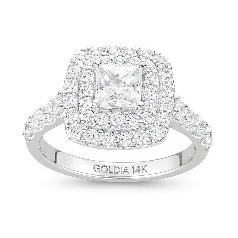 1,75 ct. Gesamtgewicht Verlobungsring im Princess-Schliff mit Labordiamanten und doppeltem Halo in 14K Weißgold (F/VS2)