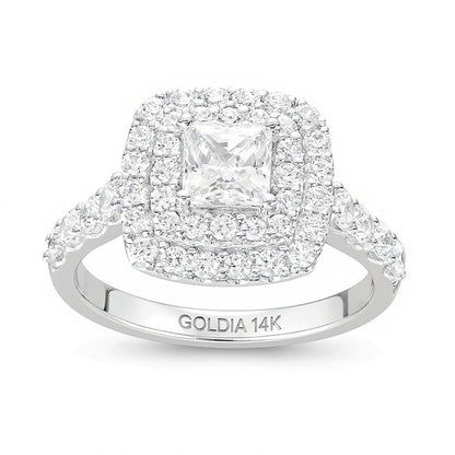 1,75 ct. Gesamtgewicht Verlobungsring im Princess-Schliff mit Labordiamanten und doppeltem Halo in 14K Weißgold (F/VS2)