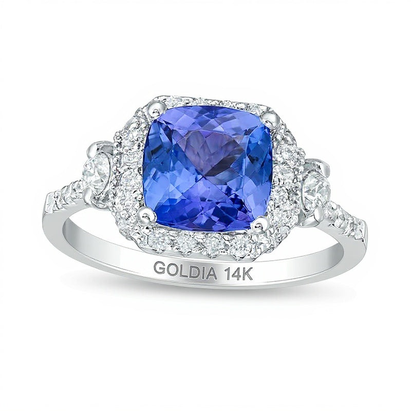 8,0mm Tansanit im Kissenschliff und 0,5 ct. Gesamtgewicht Diamant Halo-Ring mit seitlichem Besatz in 14K Weißgold