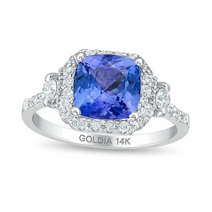 8,0mm Tansanit im Kissenschliff und 0,5 ct. Gesamtgewicht Diamant Halo-Ring mit seitlichem Besatz in 14K Weißgold