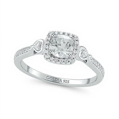 Halo-Verlobungsring mit 5,0 mm weißem Labor-Saphir im Kissenschliff und 0,17 ct. Gesamtgewicht Diamanten in Sterlingsilber