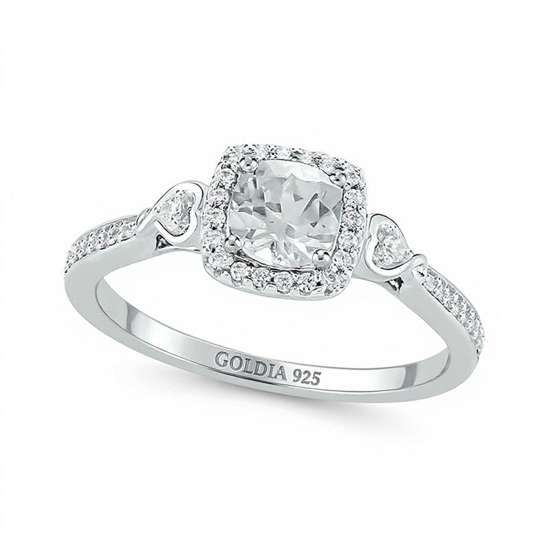 Halo-Verlobungsring mit 5,0 mm weißem Labor-Saphir im Kissenschliff und 0,17 ct. Gesamtgewicht Diamanten in Sterlingsilber