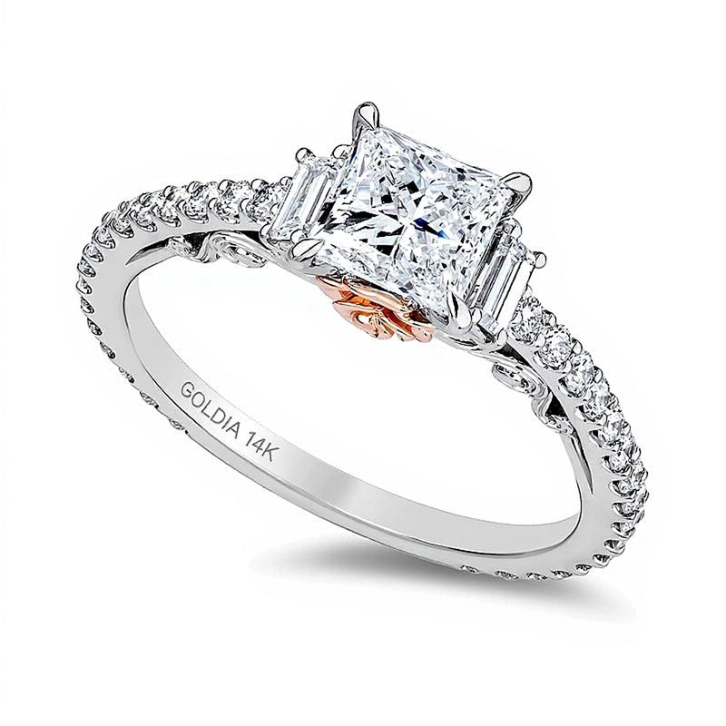 Dreistein-Verlobungsring mit Labordiamanten im Princess- und Baguette-Schliff, 1.5 ct. Gesamtgewicht, in 14K Weißgold für Damen